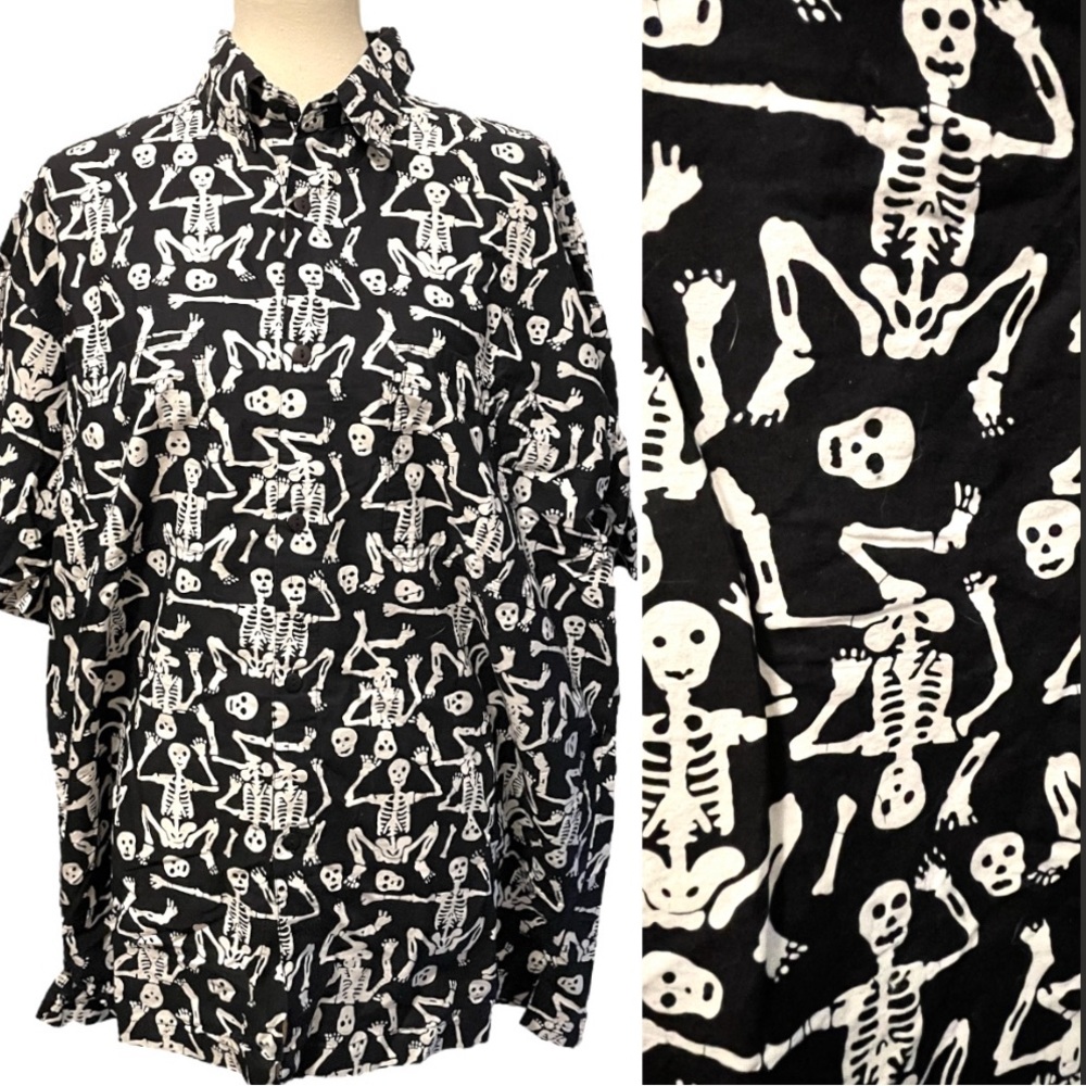 Rum Reggae Skeletons Black White Batik 100% Cotton Button Down XL EUC 90s 2000s